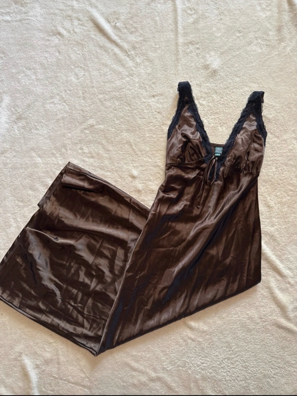 Wild Fable Brown Satin Maxi Slip Dress with Black Lace Trim